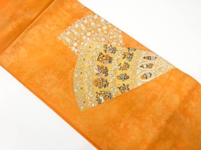 未使用品　引箔　扇に花更紗模様織り出し　名古屋帯